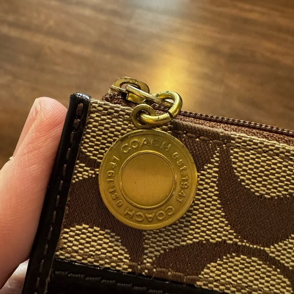 Coach Brown and Tan CC Patterned Change Purse with Key Ring